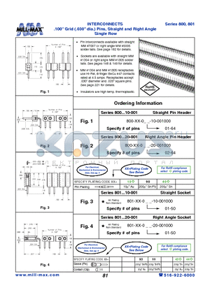 800-90-001-10-001000 datasheet - INTERCONNECTS .100 Grid (.030 dia.) Pins, Straight and Right Angle Single Row