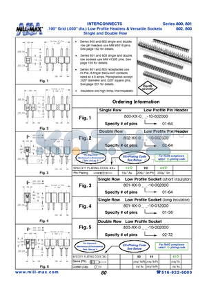 800-90-001-10-002000 datasheet - INTERCONNECTS .100 Grid (.030 dia.) Low Profile Headers & Versatile Sockets Single and Double Row