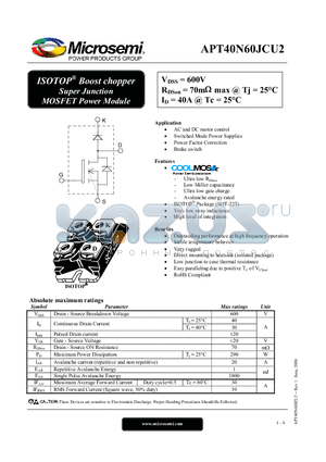 APT40N60JCU2 datasheet - ISOTOP Boost chopper Super Junction MOSFET Power Module