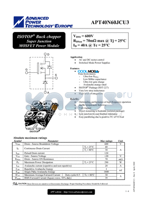APT40N60JCU3 datasheet - ISOTOP Buck chopper Super Junction MOSFET Power Module