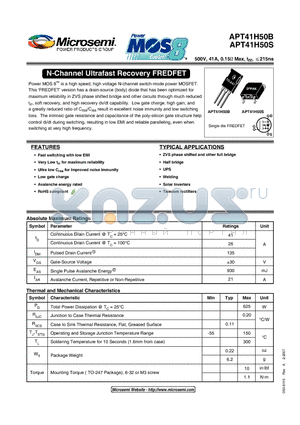 APT41H50B datasheet - N-Channel Ultrafast Recovery FREDFET