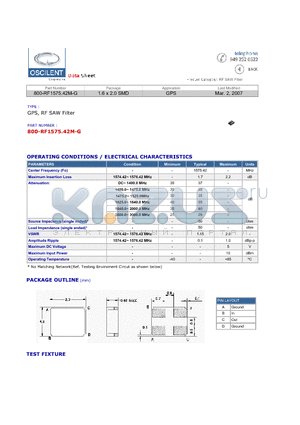 800-RF1575.42M-G datasheet - GPS, RF SAW Filter