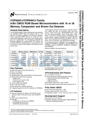 COP822CJ datasheet - 8-Bit CMOS ROM Based Microcontrollers with 1k or 2k Memory, Comparator and Brown Out Detector