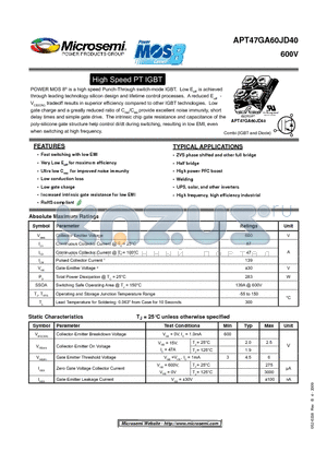 APT47GA60JD40 datasheet - High Speed PT IGBT