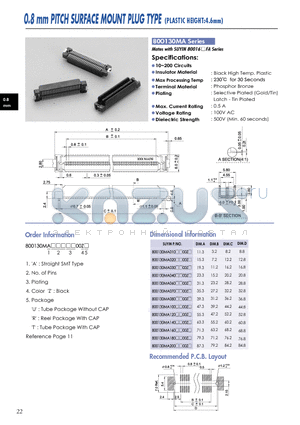 800130MA datasheet - 0.8 mm PITCH SURFACE MOUNT PLUG TYPE