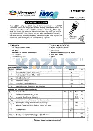 APT4M120K datasheet - N-Channel MOSFET