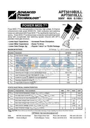 APT5010B2LL datasheet - Power MOS 7TM is a new generation of low loss, high voltage, N-Channel enhancement mode power MOSFETS.