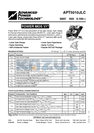 APT5010JLC datasheet - Power MOS VITM is a new generation of low gate charge, high voltage N-Channel enhancement mode power MOSFETs.