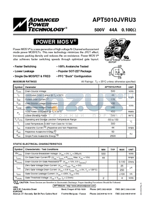 APT5010JVRU3 datasheet - Power MOS V is a new generation of high voltage N-Channel enhancement mode power MOSFETs.