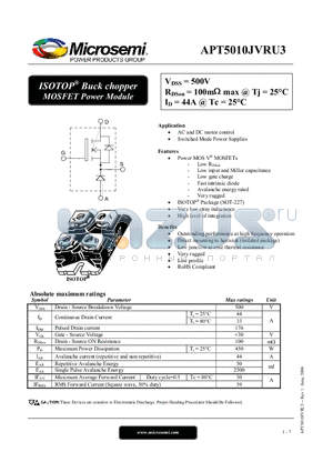 APT5010JVRU3 datasheet - ISOTOP Buck chopper MOSFET Power Module