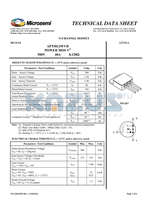 APT5012WVR datasheet - N-CHANNEL MOSFET