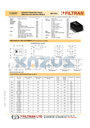 8004 datasheet - T1/CEPT Extended Temperature Range SMD Dual Line Interface Module