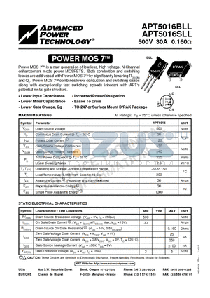 APT5016BLL datasheet - Power MOS 7TM is a new generation of low loss, high voltage, N-Channel enhancement mode power MOSFETS