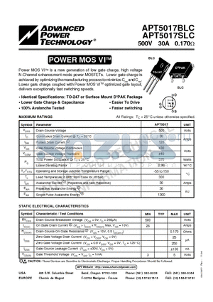 APT5017SLC datasheet - Power MOS VITM is a new generation of low gate charge, high voltage N-Channel enhancement mode power MOSFETs.