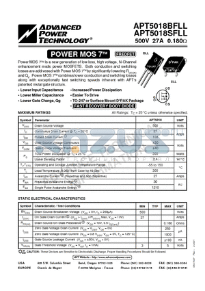 APT5018SFLL datasheet - Power MOS 7TM is a new generation of low loss, high voltage, N-Channel enhancement mode power MOSFETS