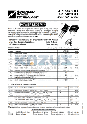 APT5020SLC datasheet - Power MOS VITM is a new generation of low gate charge, high voltage N-Channel enhancement mode power MOSFETs.