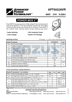 APT5022AVR datasheet - Power MOS V is a new generation of high voltage N-Channel enhancement mode power MOSFETs.