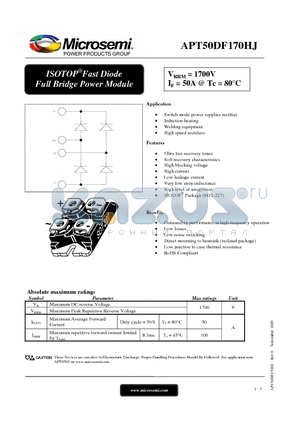 APT50DF170HJ datasheet - ISOTOP Fast Diode Full Bridge Power Module