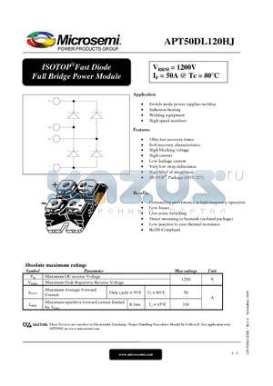 APT50DL120HJ datasheet - ISOTOP Fast Diode Full Bridge Power Module