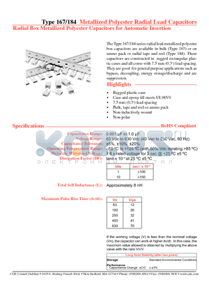 167102J630A-F datasheet - Type 167/184 Metallized Polyester Radial Lead Capacitors