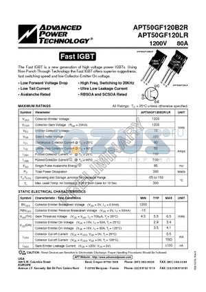 APT50GF120B2R datasheet - The Fast IGBT is a new generation of high voltage power IGBTs.