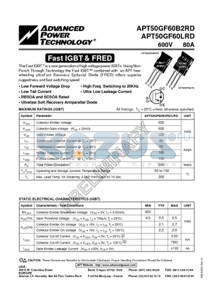 APT50GF60B2RD datasheet - The Fast IGBT is a new generation of high voltage power IGBTs.