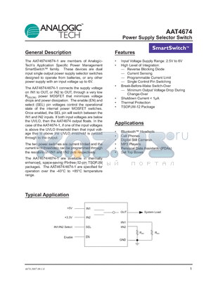 AAT4674ITP-T1 datasheet - Power Supply Selector Switch