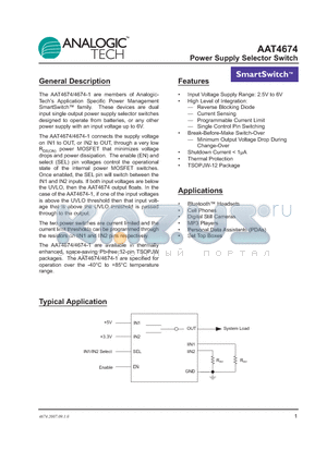 AAT4674ITP-1-T1 datasheet - Power Supply Selector Switch