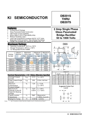 DB207S datasheet - 2 Amp Single Phase Glass Passivated Bridge Rectifier 50 to 1000 Volts