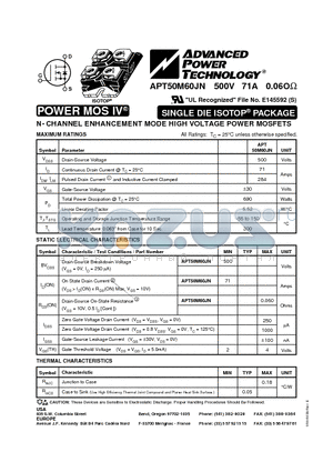 APT50M60JN datasheet - N-CHANNEL ENHANCEMENT MODE HIGH VOLTAGE POWER MOSFETS