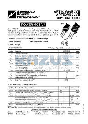 APT50M80B2VR datasheet - Power MOS V is a new generation of high voltage N-Channel enhancement mode power MOSFETs.