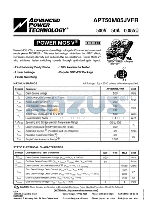 APT50M85JVFR datasheet - Power MOS V is a new generation of high voltage N-Channel enhancement mode power MOSFETs.