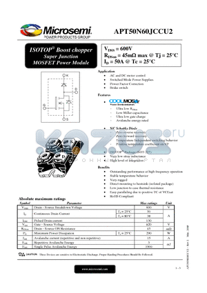 APT50N60JCCU2 datasheet - ISOTOP^ Boost chopper Super Junction MOSFET Power Module