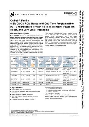 COP8SAB720M9 datasheet - 8-Bit CMOS ROM Based and One-Time Programmable (OTP) Microcontroller with 1k to 4k Memory, Power On Reset, and Very Small Packaging