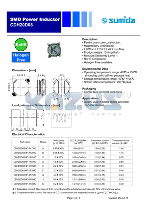 CDH20D08HF-1R0NC datasheet - SMD Power Inductor