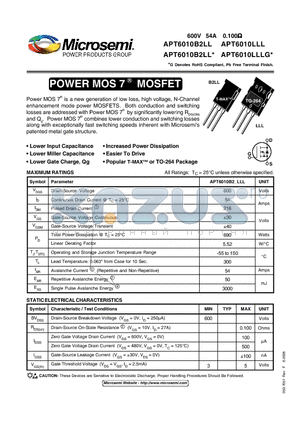 APT6010LLL datasheet - Power MOS 7TM is a new generation of low loss, high voltage, N-Channel enhancement mode power MOSFETS.