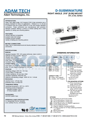 DB25PL25 datasheet - D-SUBMINIATURE RIGHT ANGLE .318 (8.08) MOUNT