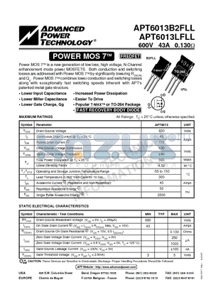 APT6013B2FLL datasheet - Power MOS 7TM is a new generation of low loss, high voltage, N-Channel enhancement mode power MOSFETS.