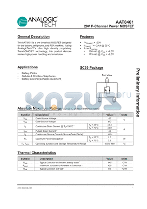 AAT8401IGY-T1 datasheet - 20V P-Channel Power MOSFET