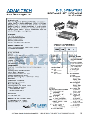 DB25PQSD5 datasheet - D-SUBMINIATURE RIGHT ANGLE .590 [15.00] MOUNT
