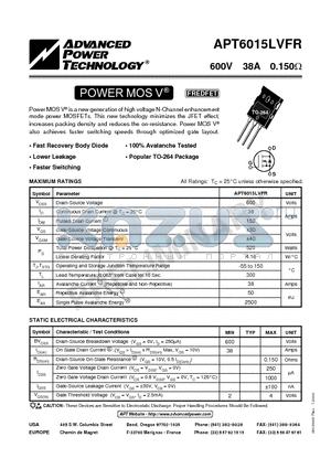 APT6015LVFR datasheet - Power MOS V is a new generation of high voltage N-Channel enhancement mode power MOSFETs.