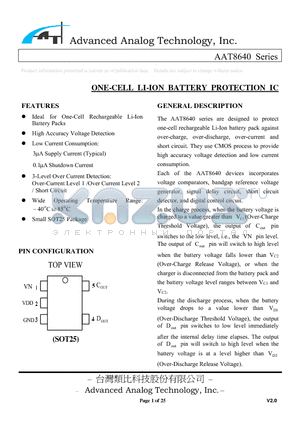 AAT8640 datasheet - ONE-CELL LI-ION BATTERY PROTECTION IC