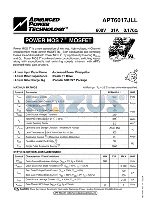 APT6017JLL_04 datasheet - Power MOS 7TM is a new generation of low loss, high voltage, N-Channel enhancement mode power MOSFETS.