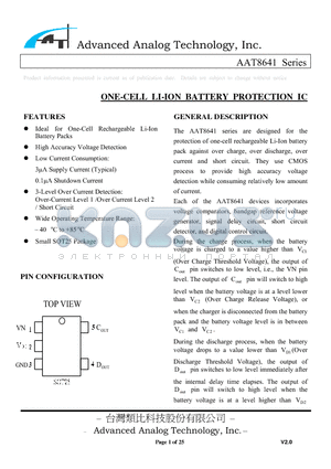 AAT8641G datasheet - ONE-CELL LI-ION BATTERY PROTECTION IC