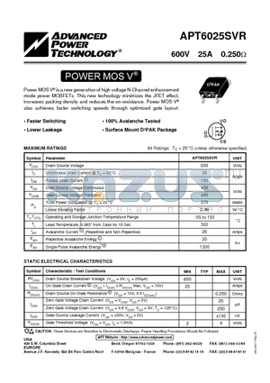 APT6025SVR datasheet - POWER MOS V MOSFET