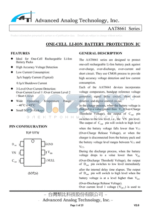 AAT8661-S3-T datasheet - ONE-CELL LI-ION BATTERY PROTECTION IC