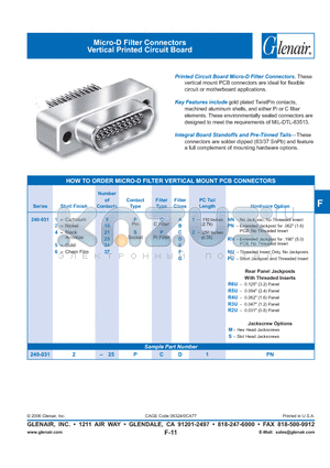 240-031437PC datasheet - Micro-D Filter Connectors Vertical Printed Circuit Board