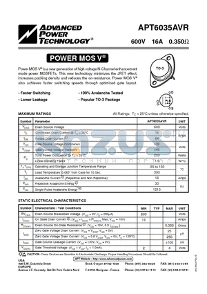 APT6035 datasheet - Power MOS V is a new generation of high voltage N-Channel enhancement mode power MOSFETs.