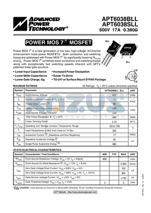 APT6038SLL datasheet - Power MOS 7TM is a new generation of low loss, high voltage, N-Channel enhancement mode power MOSFETS.
