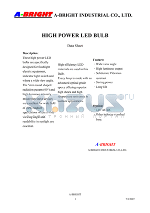 AB-0151RD-12V0-M00-S datasheet - HIGH POWER LED BULB